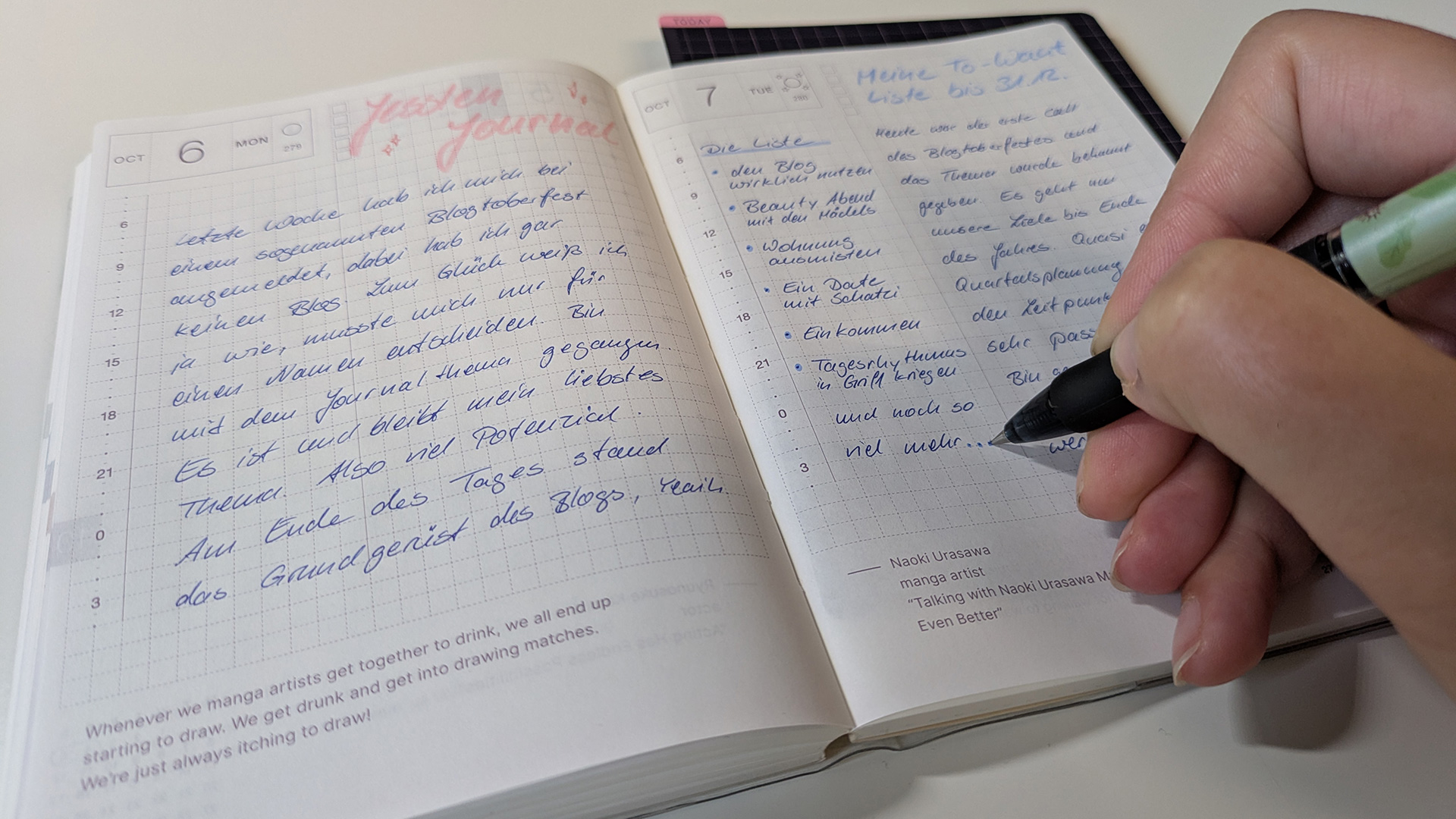 Privater Journal Eintrag in einem Hobonichi Journal